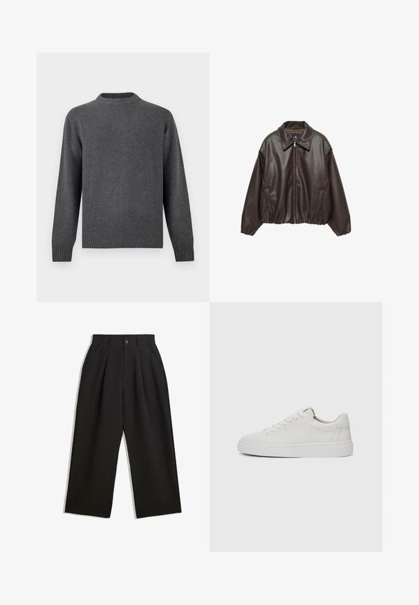 Braune Kunstlederjacke mit einem Reißverschluss vorne, breitem Kragen und gepufften Ärmeln. Sie hat einen gerippten Saum und eine glatte Textur.; Grau gestrickter Pullover mit Rundhalsausschnitt, langen Ärmeln und gerippten Bündchen und Saum. Weiche Textur mit glatter Oberfläche. Schlichtes, modernes Design.; Schwarze Hose mit lockerem Schnitt, mit Falten an der Vorderseite, Seitentaschen und einem Knopfverschluss. Hergestellt aus strukturiertem Stoff.; Weiße Leder-Sneaker im Low-Top-Stil mit runder Zehenform, flacher weißer Gummisohle und minimalistischen Steppnähten. Schnürsenkel sind durch sechs Ösen gesichert.
