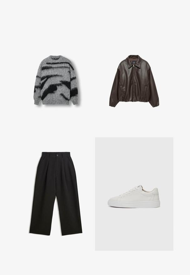 Bruine neplederen jas met een rits aan de voorkant, brede kraag en opgeblazen mouwen. Heeft een geribde zoom en een gladde textuur.; Grijze gebreide trui met een harige textuur, gedurfde zwarte abstracte strepen, ronde halslijn en ribgebreide manchetten en zoom.; Zwarte broeken met een relaxte pasvorm, voorzien van plooien aan de voorzijde, zijzakken en een knoopsluiting. Gemaakt van textiel met structuur.; Witte leren lage sneakers met een ronde neus, platte witte rubberen zool en minimalistische stikseldetails. Veters vastgemaakt via zes oogjes.