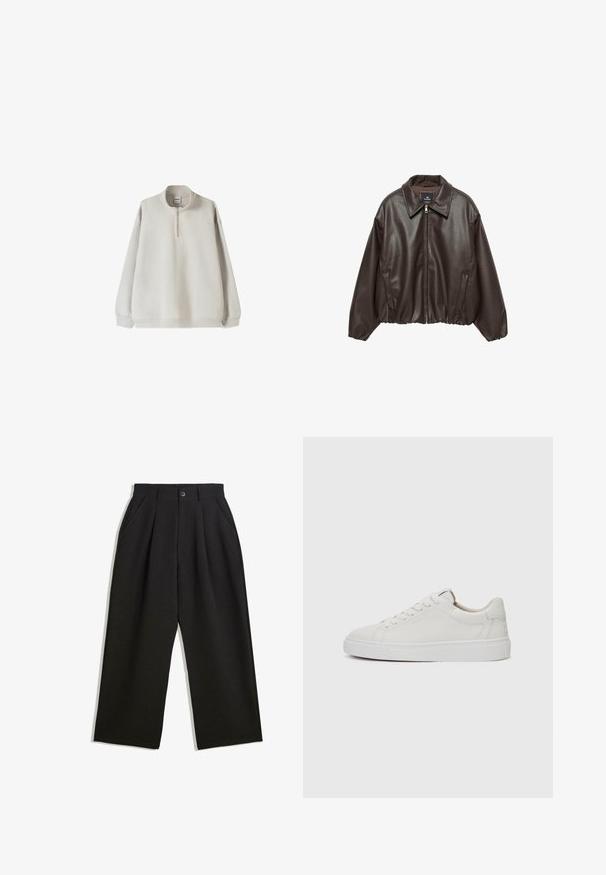 Hnedá koženka s zipsom vpredu, širokým golierom a pufovanými rukávmi. Obsahuje rebrovaný lem a hladký povrch.; Svetlošedý pulóver s vysokým golierom, polovičným zipsom vpredu a elastickými manžetami. Mäkko tkanina a voľný strih.; Čierne nohavice s voľným strihom, s prekrytím vpredu, bočnými vreckami a zapínaním na gombík. Vyrobené z textúrovanej látky.; Biele kožené tenisky nízkoprofilového strihu s okrúhlou špičkou, plochou bielou gumovou podrážkou a minimalistickými detailmi šitia. Šnúrky zaistené cez šesť očiek.