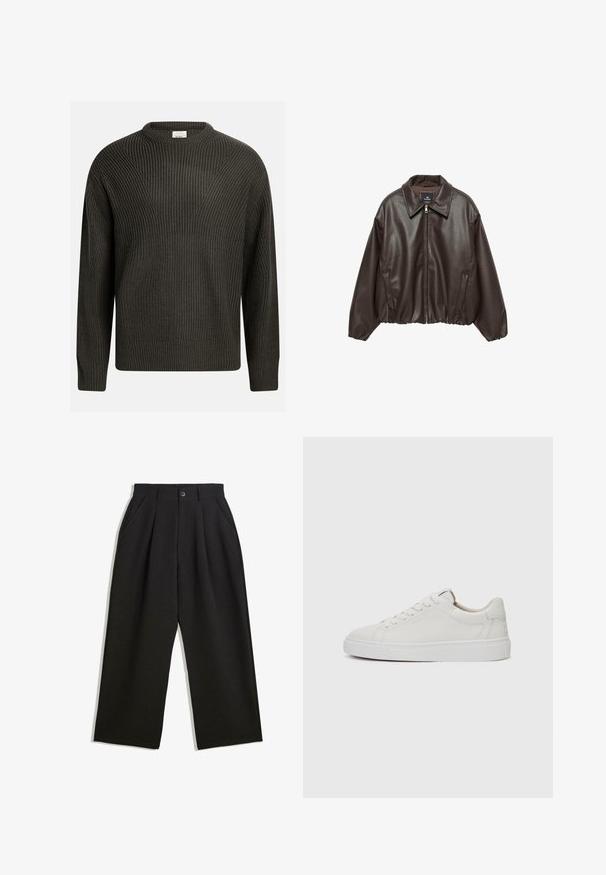 Giacca in similpelle marrone con zip frontale, colletto ampio e maniche a sbuffo. Presenta un orlo a costine e una texture liscia.; Pullover spesso di colore verde scuro, con scollatura rotonda, spalle scese e motivo testurizzato su tutta la superficie. Maniche e orlo a costine.; Pantaloni neri con una vestibilità comoda, caratterizzati da pieghe frontali, tasche laterali e chiusura con bottone. Realizzati in tessuto testurizzato.; Sneakers bianchi in pelle, modello low-top, con punta rotonda, suola piatta in gomma bianca e dettagli di cucitura minimalista. Lacci fissati attraverso sei occhielli.