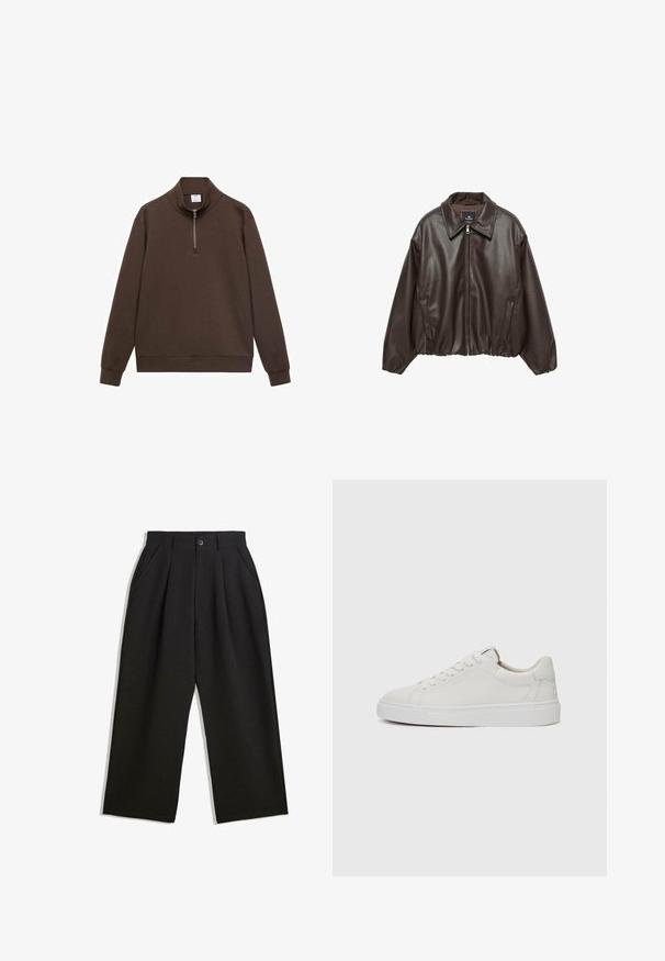 Bruine neplederen jas met een rits aan de voorkant, brede kraag en opgeblazen mouwen. Heeft een geribde zoom en een gladde textuur.; Bruine pullover sweatshirt met een hoge kraag en een kwart rits. Gemaakt van zacht materiaal, met lange mouwen en een ontspannen pasvorm.; Zwarte broeken met een relaxte pasvorm, voorzien van plooien aan de voorzijde, zijzakken en een knoopsluiting. Gemaakt van textiel met structuur.; Witte leren lage sneakers met een ronde neus, platte witte rubberen zool en minimalistische stikseldetails. Veters vastgemaakt via zes oogjes.