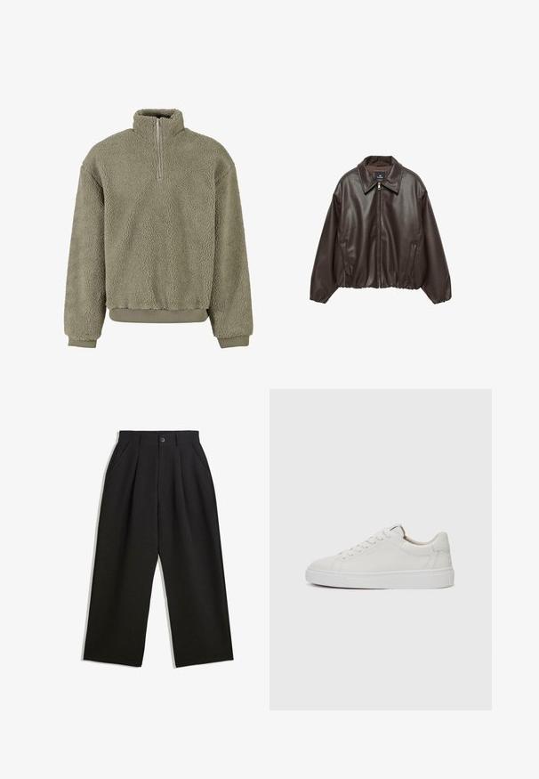 Brun konstläderjacka med dragkedja fram, bred krage och puffärmar. Har en ribbad nederkant och mjuk yta.; Fleece-pull i olivgrön med halv dragkedja. Texturerad utsida och ribbade muddar och fåll. Avslappnad passform som ger komfort.; Svarta byxor med avslappnad passform, utrustade med veck fram, sidofickor och knappstängning. Tillverkade av strukturerad tyg.; Vita läder sneakers med låg profil, rund tå, platt vit gummisula och minimalistiska sömmar. Skosnören säkrade genom sex hål.