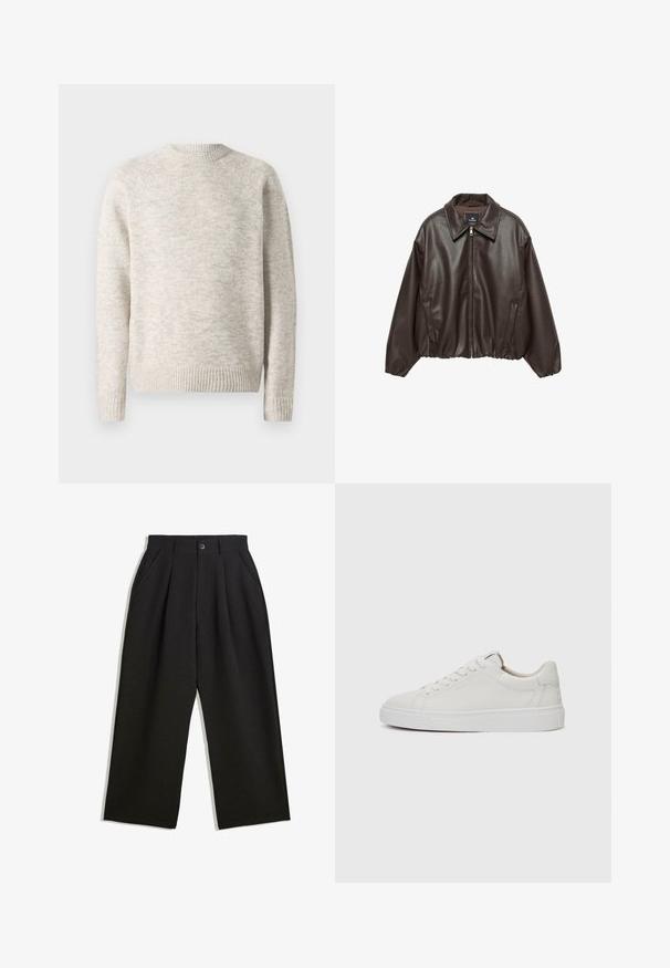 Giacca in similpelle marrone con zip frontale, colletto ampio e maniche a sbuffo. Presenta un orlo a costine e una texture liscia.; Maglione color beige chiaro realizzato in tessuto lavorato a maglia testurizzato. Presenta una scollatura tonda e polsini e orlo a costine. Design semplice a maglia da indossare.; Pantaloni neri con una vestibilità comoda, caratterizzati da pieghe frontali, tasche laterali e chiusura con bottone. Realizzati in tessuto testurizzato.; Sneakers bianchi in pelle, modello low-top, con punta rotonda, suola piatta in gomma bianca e dettagli di cucitura minimalista. Lacci fissati attraverso sei occhielli.