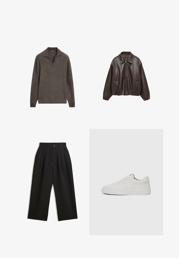 Brun konstläderjacka med dragkedja fram, bred krage och puffärmar. Har en ribbad nederkant och mjuk yta.; Stickad tröja i mörkbrun, med en strukturerad yta, djup V-ringning och långa ärmar. Ribbad fåll och nederkant.; Svarta byxor med avslappnad passform, utrustade med veck fram, sidofickor och knappstängning. Tillverkade av strukturerad tyg.; Vita läder sneakers med låg profil, rund tå, platt vit gummisula och minimalistiska sömmar. Skosnören säkrade genom sex hål.