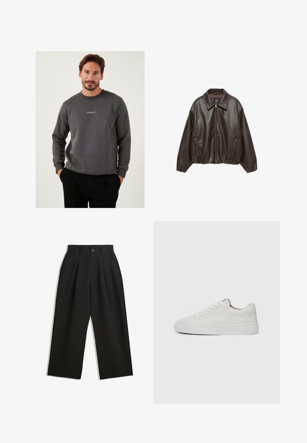 Brun kunstlæderjakke med lynlås foran, bred krave og puffede ærmer. Har ribbet kant og glat tekstur.; Grå sweatshirt lavet af blødt materiale, med rund hals og broderet logo på brystet. Lange ærmer og afslappet pasform.; Sorte bukser med en afslappet pasform, der har plisseringer foran, sidelommer og knaplukning. Fremstillet af tekstureret stof.; Hvide læder sneakers med lav skæft, rund tå, flad hvid gummisål og minimalistisk sømdetalje. Snørebånd sikret gennem seks snørrehuller.