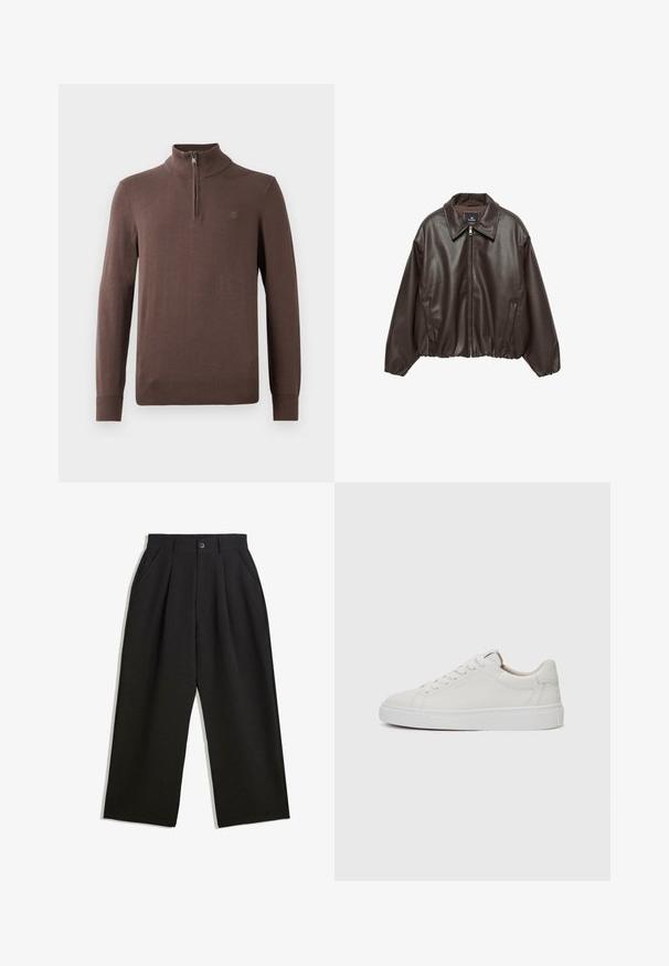 Brązowa kurtka z ekoskóry z zamkiem z przodu, szerokim kołnierzem i bufkami. Posiada prążkowany dół i gładką fakturę.; Brązowy sweter z dzianiny z wysokim kołnierzem i ćwiartkowym zamkiem. Posiada prążkowane mankiety i dół, z małym detalem logo na klatce piersiowej.; Czarne spodnie o luźnym kroju, z zakładkami z przodu, kieszeniami po bokach i zapięciem na guzik. Wykonane z fakturowanej tkaniny.; Białe skórzane sneakersy niskie z okrągłym noskiem, płaską białą gumową podeszwą i minimalistycznymi detalami w szwie. Sznurówki zabezpieczone przez sześć oczek.