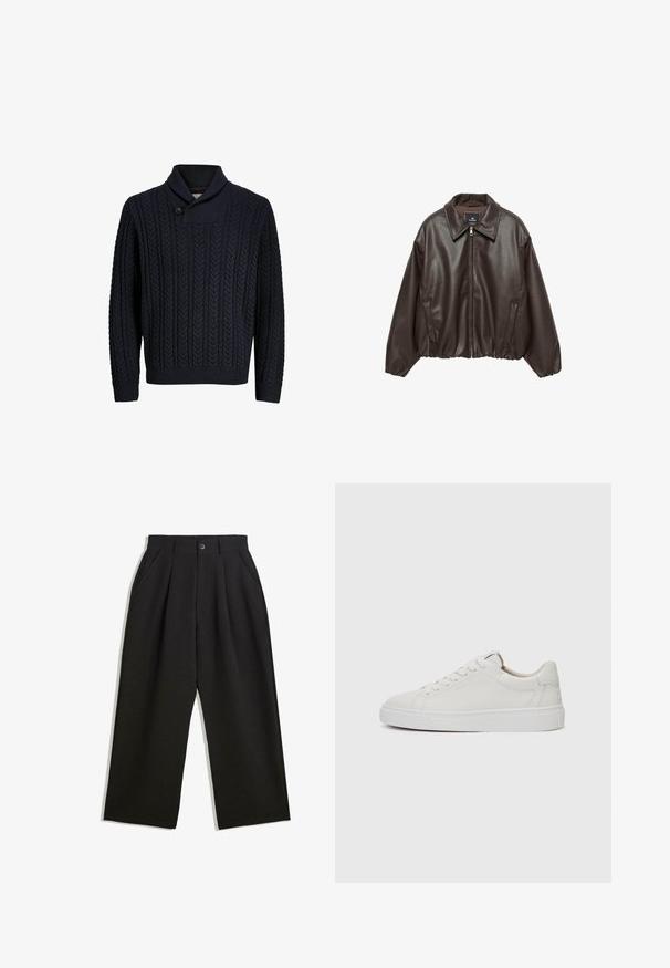 Brązowa kurtka z ekoskóry z zamkiem z przodu, szerokim kołnierzem i bufkami. Posiada prążkowany dół i gładką fakturę.; Granatowy sweter robiony na drutach z kołnierzem szalowym, z fakturowanym wzorem w warkocze, z pojedynczym zapięciem na guzik oraz ściągaczami na mankietach i dole.; Czarne spodnie o luźnym kroju, z zakładkami z przodu, kieszeniami po bokach i zapięciem na guzik. Wykonane z fakturowanej tkaniny.; Białe skórzane sneakersy niskie z okrągłym noskiem, płaską białą gumową podeszwą i minimalistycznymi detalami w szwie. Sznurówki zabezpieczone przez sześć oczek.