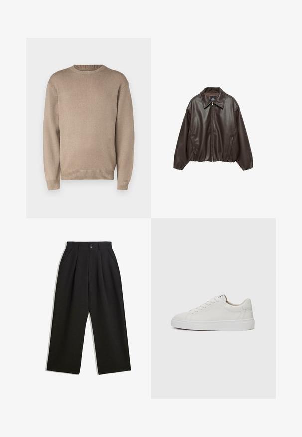 Brown faux leather jacket with a zip front, wide collar, and puffed sleeves. Features a ribbed hem and smooth texture.; Beige knitted sweater with a round neck, long sleeves, and ribbed cuffs and hem; smooth texture with a uniform pattern.; Black trousers with a relaxed fit, featuring pleats at the front, side pockets, and a button closure. Made from textured fabric.; White leather low-top sneakers with a round toe, flat white rubber sole, and minimalistic stitching detail. Laces secured through six eyelets.
