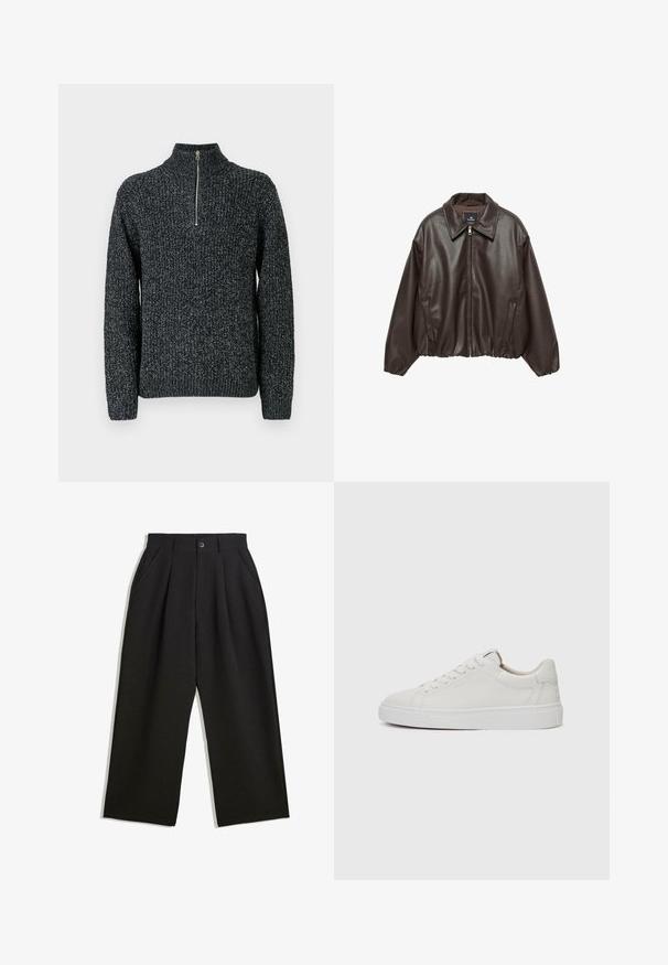 Bruine neplederen jas met een rits aan de voorkant, brede kraag en opgeblazen mouwen. Heeft een geribde zoom en een gladde textuur.; Gebreide trui in donkergrijs met een hoge kraag en een kwartzip. Kenmerkt zich door textuurgarens met een licht gemêleerd uiterlijk.; Zwarte broeken met een relaxte pasvorm, voorzien van plooien aan de voorzijde, zijzakken en een knoopsluiting. Gemaakt van textiel met structuur.; Witte leren lage sneakers met een ronde neus, platte witte rubberen zool en minimalistische stikseldetails. Veters vastgemaakt via zes oogjes.