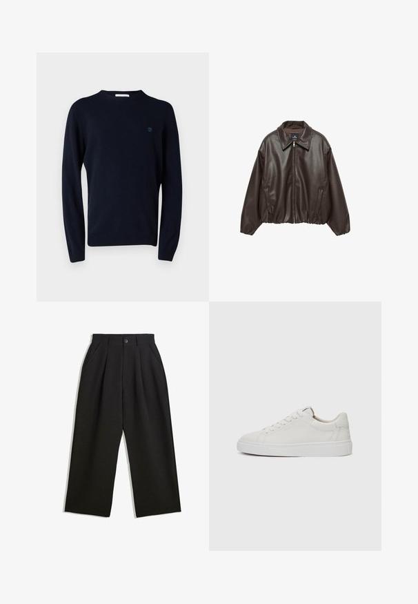 Braune Kunstlederjacke mit einem Reißverschluss vorne, breitem Kragen und gepufften Ärmeln. Sie hat einen gerippten Saum und eine glatte Textur.; Marineblauer Strickpullover mit langen Ärmeln, Rundhalsausschnitt und kleinem Logo auf der Brust. Glatte Textur und figurbetontes Design.; Schwarze Hose mit lockerem Schnitt, mit Falten an der Vorderseite, Seitentaschen und einem Knopfverschluss. Hergestellt aus strukturiertem Stoff.; Weiße Leder-Sneaker im Low-Top-Stil mit runder Zehenform, flacher weißer Gummisohle und minimalistischen Steppnähten. Schnürsenkel sind durch sechs Ösen gesichert.