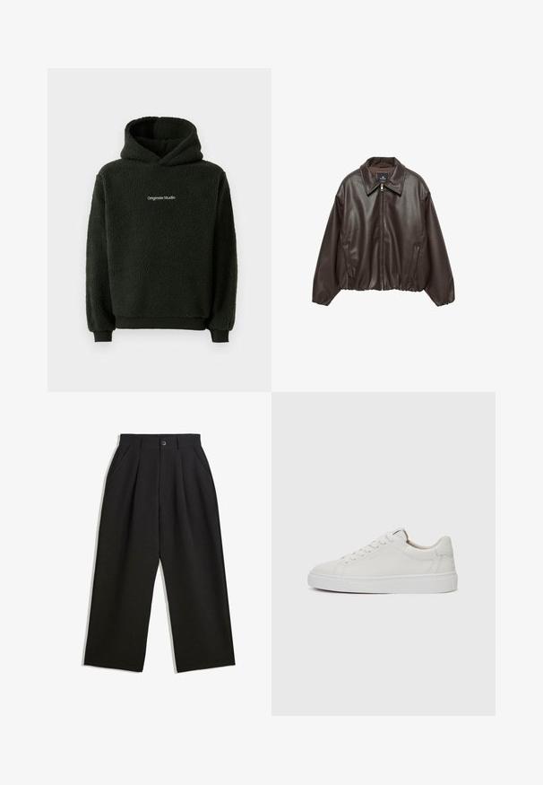 Braune Kunstlederjacke mit einem Reißverschluss vorne, breitem Kragen und gepufften Ärmeln. Sie hat einen gerippten Saum und eine glatte Textur.; Schwarzer Fleece-Hoodie mit strukturierter Oberfläche, ausgestattet mit einer vorderen Kängurutasche und einem Logo auf der Brust. Kapuzen-Design mit elastischen Bündchen.; Schwarze Hose mit lockerem Schnitt, mit Falten an der Vorderseite, Seitentaschen und einem Knopfverschluss. Hergestellt aus strukturiertem Stoff.; Weiße Leder-Sneaker im Low-Top-Stil mit runder Zehenform, flacher weißer Gummisohle und minimalistischen Steppnähten. Schnürsenkel sind durch sechs Ösen gesichert.