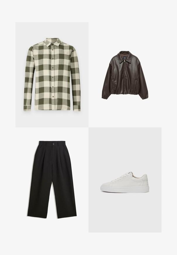 Barna műbőr dzseki cipzárral az elején, széles gallérral és puffos ujjal. Bordázott alja és sima textúra jellemzi.; Hosszú ujjú ing zöld és krém színű kockás mintával, könnyű anyagból készült, gombos gallérral és elülső gombokkal.; Fekete, lazán szabott nadrág, elöl redőkkel, oldalsó zsebekkel és gombzárral. Texturált anyagból készült.; Fehér bőr, alacsony szárú sportcipő kerek orral, lapos fehér gumitalppal és minimalista varrási részletekkel. A fűzők hat szemre fűzve.
