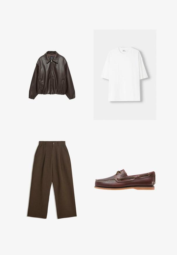 Braune Kunstlederjacke mit einem Reißverschluss vorne, breitem Kragen und gepufften Ärmeln. Sie hat einen gerippten Saum und eine glatte Textur.; Weißes kurzärmliges T-Shirt aus Baumwolle mit Rundhalsausschnitt und lockerer Passform. Glatte Textur, ohne sichtbare Muster oder Akzente.; Braune Plisseehosen mit weitem Bein, ausgestattet mit einem Knopfverschluss und seitlichen Taschen, aus strukturiertem Stoff, der sich gut für Freizeitkleidung eignet.; Braune Lederbootsschuhe mit weißen Nähten, braunen Schnürsenkeln und einer sandfarbenen Gummisohle. Mit einem Logo an der Seite und Metallösen für die Schnürsenkel.