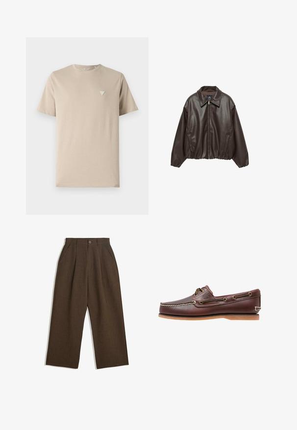 Brun kunstlæderjakke med lynlås foran, bred krave og puffede ærmer. Har ribbet kant og glat tekstur.; Beige bomulds t-shirt med korte ærmer, rund halsudskæring og et lille trekantet logo broderet på venstre bryst. Glat tekstur.; Brune, plisserede bukser med et vidde-design, der har en knaplukning og sidelommer, lavet af struktureret stof, der er egnet til afslappet brug.; Brune læder bådsko med hvid syning, brune snørebånd og en tan gummisål. Har et logo på siden og metaløjer til snørebånd.