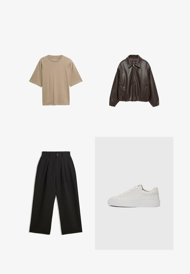Geaca din piele ecologică maro, cu fermoar în față, guler larg și mâneci bufante. Dispune de un tiv côt și o textură netedă.; Tricou bej cu mânecă scurtă, cu croială lejeră, decolteu rotund și textură netedă. Fără modele vizibile sau detalii metalice.; Pantaloni negri cu o croială lejeră, având pliuri în față, buzunare laterale și închidere cu buton. Fabricat dintr-un material texturat.; Adidași albi din piele, cu vârful rotund, talpă din cauciuc alb plat și detalii de cusătură minimaliste. Șireturile sunt fixate prin șase ochiuri.