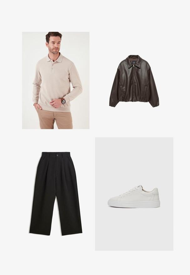 Ruskea tekonahkainen takki, jossa on vetoketjulli etuosa, leveä kaulus ja puffattuja hihoja. Varustettu ribbireunalla ja sileällä pinnalla.; Beige pitkähihaine polo paita, jossa on raidallinen pinta, kolmen napin placket ja istuva helma. Yhdistetty vaaleisiin housuihin ja kelloon.; Musta housut rentoa istuvuutta, joissa on laskoksia edessä, sivutaskut ja nappisuljenta. Valmistettu teksturoidusta kankaasta.; Valkoiset nahkaiset matalakärkiset lenkkarit, joissa on pyöreä kärki, litteä valkoinen kumipohja ja minimalistinen ommel yksityiskohtana. Nauhat on kiinnitetty kuuden silmukan läpi.