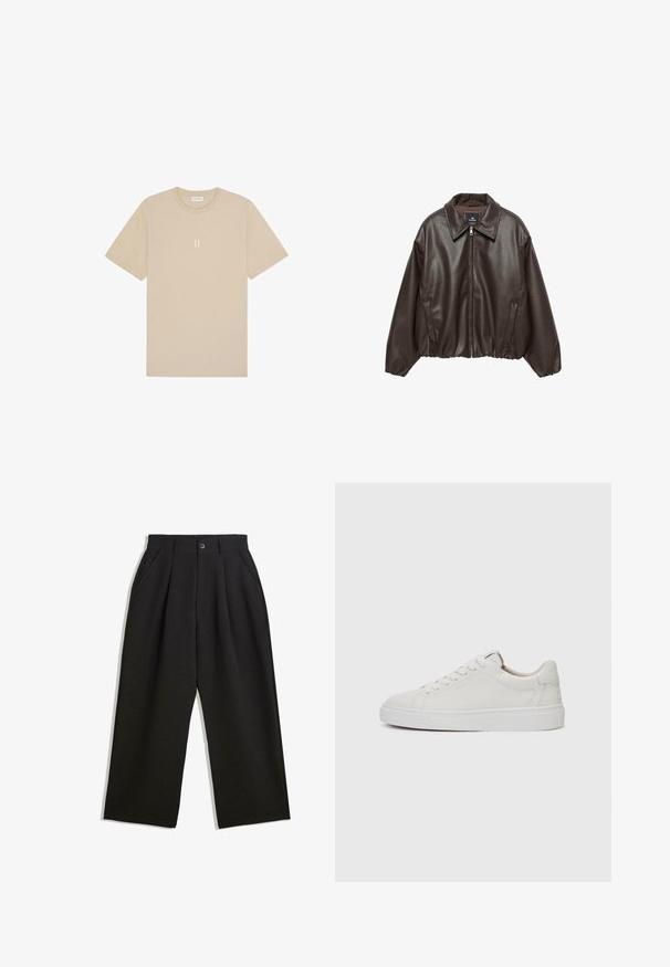 Hnedá koženka s zipsom vpredu, širokým golierom a pufovanými rukávmi. Obsahuje rebrovaný lem a hladký povrch.; Béžové bavlnené tričko s krátkym rukávom a okrúhlym výstrihom. Má malý, stredovo umiestnený grafický prvok "II" v svetlejšom odtieni.; Čierne nohavice s voľným strihom, s prekrytím vpredu, bočnými vreckami a zapínaním na gombík. Vyrobené z textúrovanej látky.; Biele kožené tenisky nízkoprofilového strihu s okrúhlou špičkou, plochou bielou gumovou podrážkou a minimalistickými detailmi šitia. Šnúrky zaistené cez šesť očiek.
