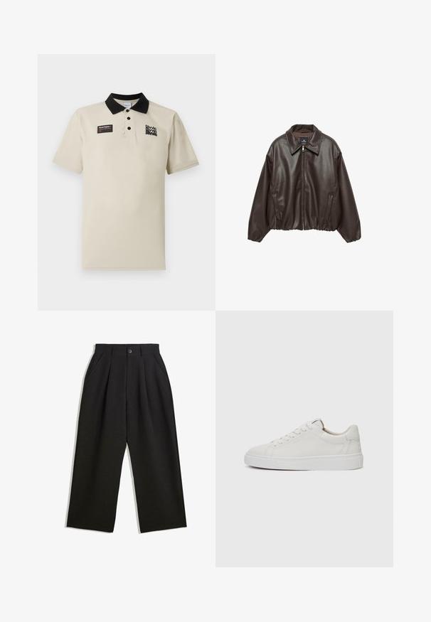 Giacca in similpelle marrone con zip frontale, colletto ampio e maniche a sbuffo. Presenta un orlo a costine e una texture liscia.; Polo beige realizzato in tessuto morbido, con colletto nero, tre bottoni e un'etichetta grafica sul petto sinistro in nero e rosso.; Pantaloni neri con una vestibilità comoda, caratterizzati da pieghe frontali, tasche laterali e chiusura con bottone. Realizzati in tessuto testurizzato.; Sneakers bianchi in pelle, modello low-top, con punta rotonda, suola piatta in gomma bianca e dettagli di cucitura minimalista. Lacci fissati attraverso sei occhielli.