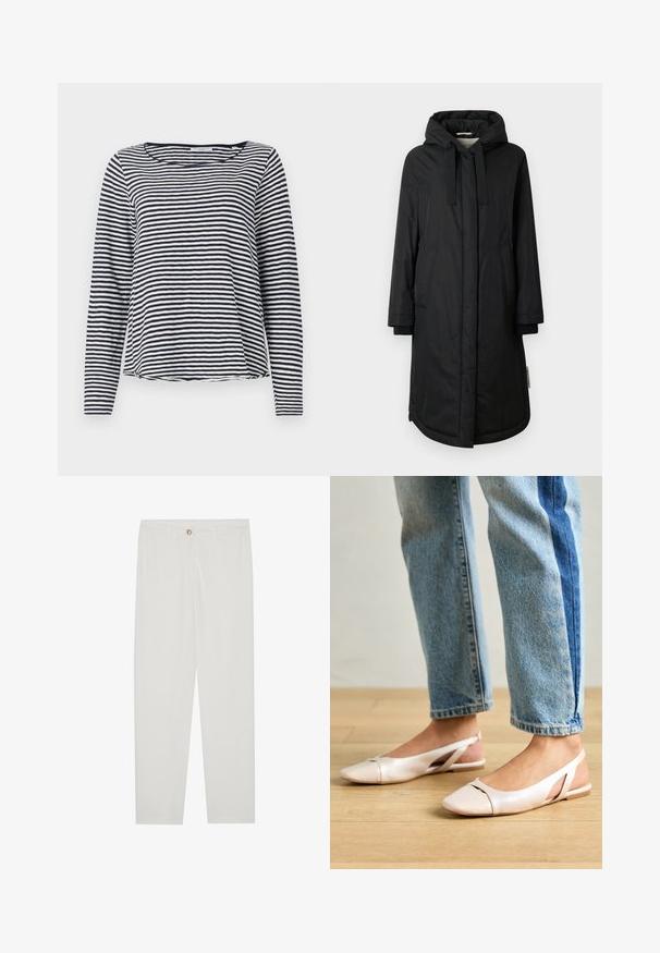 Black insulated coat with a hood, long sleeves, side pockets, and ribbed cuffs; features a smooth texture and a buttoned front closure.; Long-sleeve top in navy and white stripes, featuring a round neckline and a relaxed fit. Made of a lightweight, textured fabric.; White, tailored trousers with a straight leg design, featuring a button closure, belt loops, and side pockets; smooth fabric texture.; Pale pink slingback flats with a pointed toe, made from a smooth leather-like material. Features cut-out details at the sides and a flat heel.