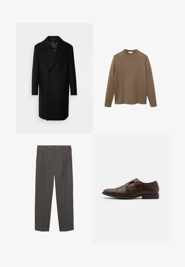 Isaac Dewhirst OVERSIZED COAT - Klassinen takki - black; Ruskea pitkähihainen neule, jossa on pyöreä kaula-aukko, valmistettu sileästä ja pehmeästä materiaalista; siinä on rento istuvuus ja suora helma.; Harmaat, räätälöidyt housut, jotka on valmistettu teksturoidusta kankaasta. Ominaisuuksiin kuuluu napituskitti, kaksi etutaskua ja suora lahkeiden malli.; Ruskean nahka kengät, joissa on terävä kärki ja kaksi säädettävää solkea, sekä tyylikäs matala profiili. Littee musta kumipohja.