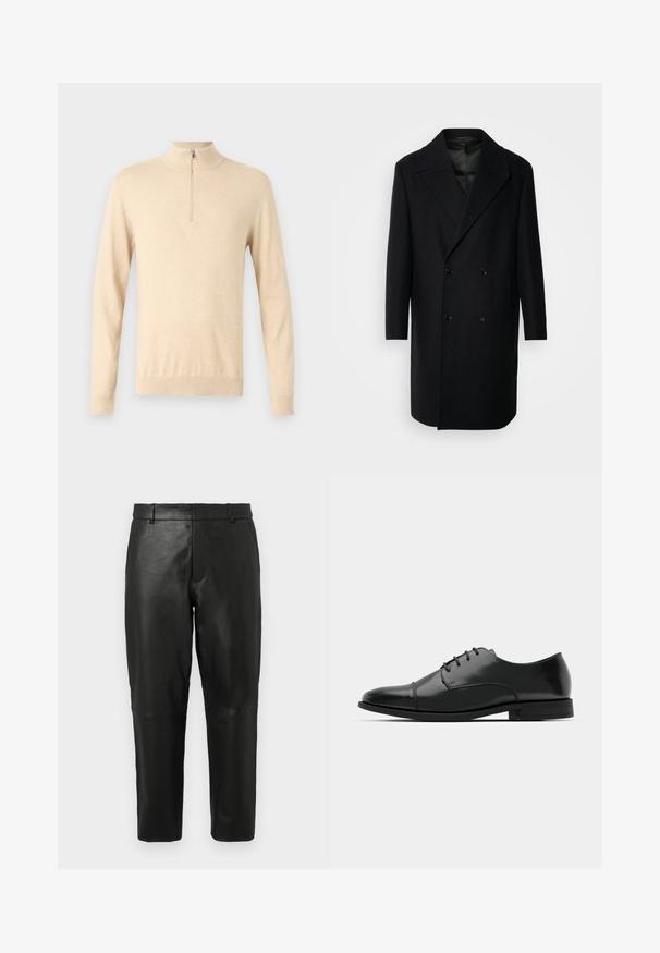 Isaac Dewhirst OVERSIZED COAT - Klassinen takki - black; Vaaleanbeige pitkähihainen vetoketjullinen neulepaita korkealla kauluksella, valmistettu pehmeästä materiaalista. Ominaisuuksiin kuuluu minimalistinen muotoilu ja istuvat hihansuut.; Mustat nahkasuorat lahkeet, joissa on vyölenkit ja sivutaskut, esitettynä yksinkertaisen vaalean taustan edessä.; Musta nahkakengät, joissa on pyöristetty varvas, nauhakiinnitys, hienovaraiset ompeluyksityiskohdat ja matala korko. Sujuva pinta kiillotetulla viimeistelyllä.