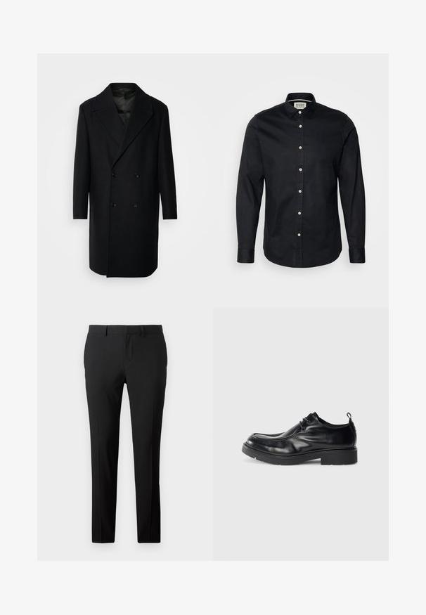 Isaac Dewhirst OVERSIZED COAT - Klasický kabát - black; Černá dlouhá rukávová košile vyrobená z bavlny, s límečkem na knoflíky, předním zapínáním na knoflíky a malým vyšitým logem na hrudi.; Přizpůsobené černé kalhoty z hladkého materiálu. Mají rovný střih, přední sklady a poutka na opasek pro nastavení velikosti.; Černé kožené společenské boty s kulatou špičkou, šněrováním a dekorativním švem. Obsahují silnou, texturovanou gumovou podrážku a patní úchyt.