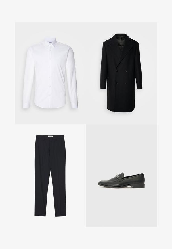 Isaac Dewhirst OVERSIZED COAT - Klasični plašč - black; Bela srajca z dolgimi rokavi, narejena iz gladkega bombažnega blaga, z običajnim ovratnikom, gumbnim zapiranjem in ukrivljenim robom.; Črne krojene hlače s ravnim sprednjim delom, redne kakovosti, izdelane iz gladkega materiala, z gubanjem in stranskimi žepi.; Črni usnjeni loafer z gladko površino, ki ima šivano zasnovo in dekorativni kovinski verižni naglas preko vampirja. Ravno peto.