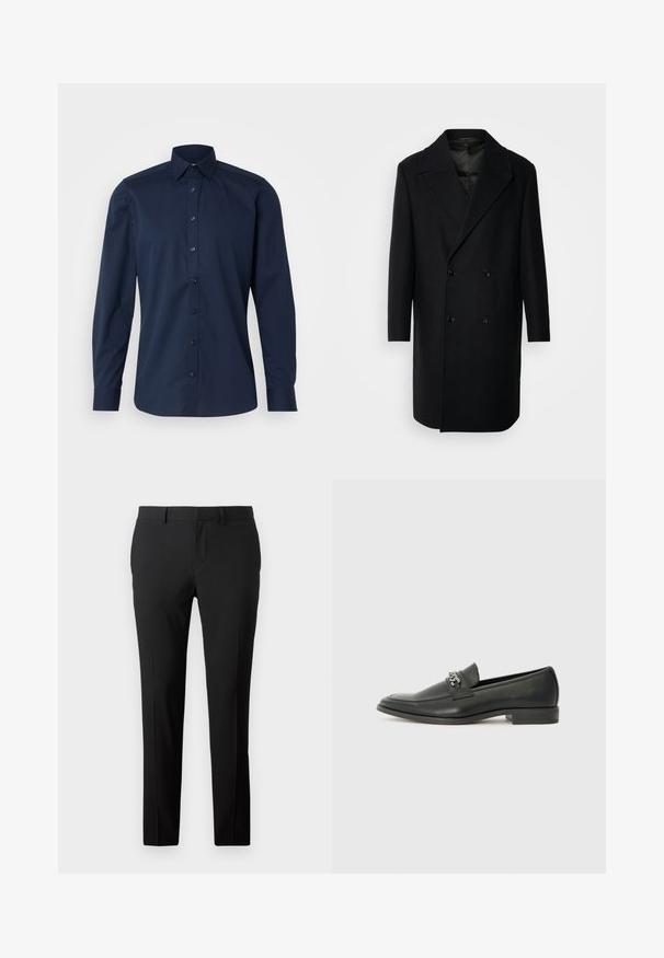 Isaac Dewhirst OVERSIZED COAT - Manteau classique - black; OLYMP Level Five Chemise classique - kobalt; Pantalons noirs ajustés en tissu lisse. Présente un design à jambe droite, des plis avant et des passants de ceinture pour un ajustement réglable.; Mocassin en cuir noir avec une finition lisse, présentant un design cousu et une accent décoratif en chaîne métallique sur le rand. Talon plat.