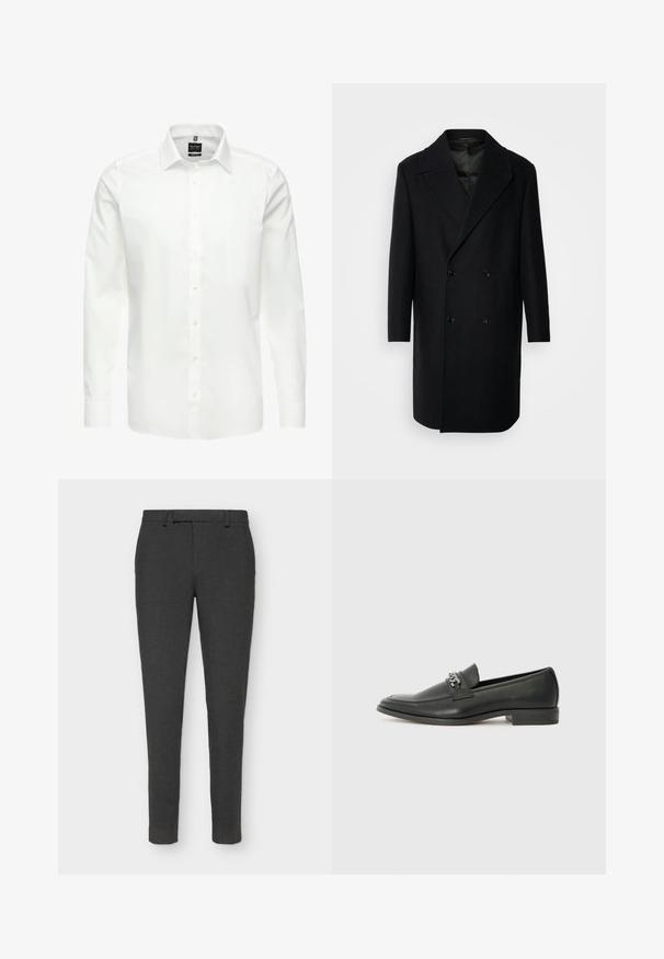 Isaac Dewhirst OVERSIZED COAT - Klasičan kaput - black; Bijela košulja dugih rukava, s kopčanjem sprijeda, klasični ovratnik, glatka pamučna tkanina, lagana, s suptilnim šavovima i bez uzoraka.; Tamno sivi krojeni hlače izrađene od teksturirane tkanine, s kopčanjem na gumb i patentni zatvarač, petljama za remen i uskim krojem.; Crna kožna loafer cipela s glatkom finišem, s ušivenim uzorkom i dekorativnim metalnim lancem preko prednjeg dijela. Ravni potplat.