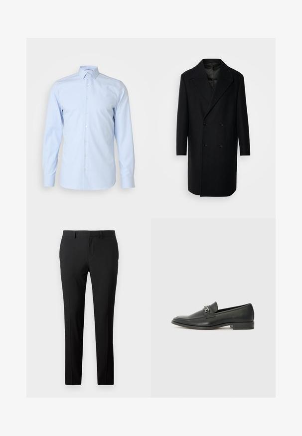 Isaac Dewhirst OVERSIZED COAT - Manteau classique - black; Chemise boutonnée bleu clair, à manches longues, col classique, en tissu lisse, présentant des boutons blancs sur le devant, design minimaliste.; Pantalons noirs ajustés en tissu lisse. Présente un design à jambe droite, des plis avant et des passants de ceinture pour un ajustement réglable.; Mocassin en cuir noir avec une finition lisse, présentant un design cousu et une accent décoratif en chaîne métallique sur le rand. Talon plat.