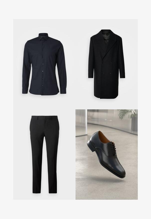 Isaac Dewhirst OVERSIZED COAT - Klasisks mētelis - black; Tumši zils pogājamais krekls ar klasisku apkakli, garām piedurknēm un gludu kokvilnas audumu. Iezīmētas atbilstošas pogas pa priekšu.; Pielāgotas melnas bikses gludā audumā. Ievērojama taisnu kāju dizains, priekšējās krokas un josta cilpas, lai varētu pielāgot izmēru.; Melna ādas kleitu kurpe ar gludu apdari, norādītu pirkstu un saistvielu dizainu. Iespējama smalka šuvums gar zoli.