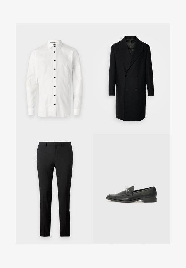 Isaac Dewhirst OVERSIZED COAT - Manteau classique - black; Chemise blanche à manches longues en tissu lisse, dotée d'un col à rabat et de six boutons noirs sur le devant.; Pantalons noirs ajustés en tissu lisse. Présente un design à jambe droite, des plis avant et des passants de ceinture pour un ajustement réglable.; Mocassin en cuir noir avec une finition lisse, présentant un design cousu et une accent décoratif en chaîne métallique sur le rand. Talon plat.