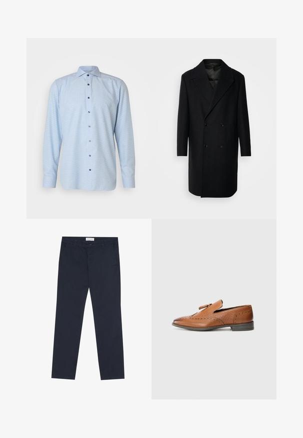 Isaac Dewhirst OVERSIZED COAT - Manteau classique - black; Chemise à manches longues à carreaux bleu clair avec un col évasé, des boutons noirs et un motif texturé sur l'ensemble du tissu.; Chinos bleu marine en coton, à la texture douce, avec une fermeture éclair, des passants de ceinture et des poches latérales pour plus de fonctionnalité.; Chaussure en cuir marron avec des perforations, des côtés texturés, une semelle plate et un nœud décoratif sur le dessus. Design classique avec une finition lisse.