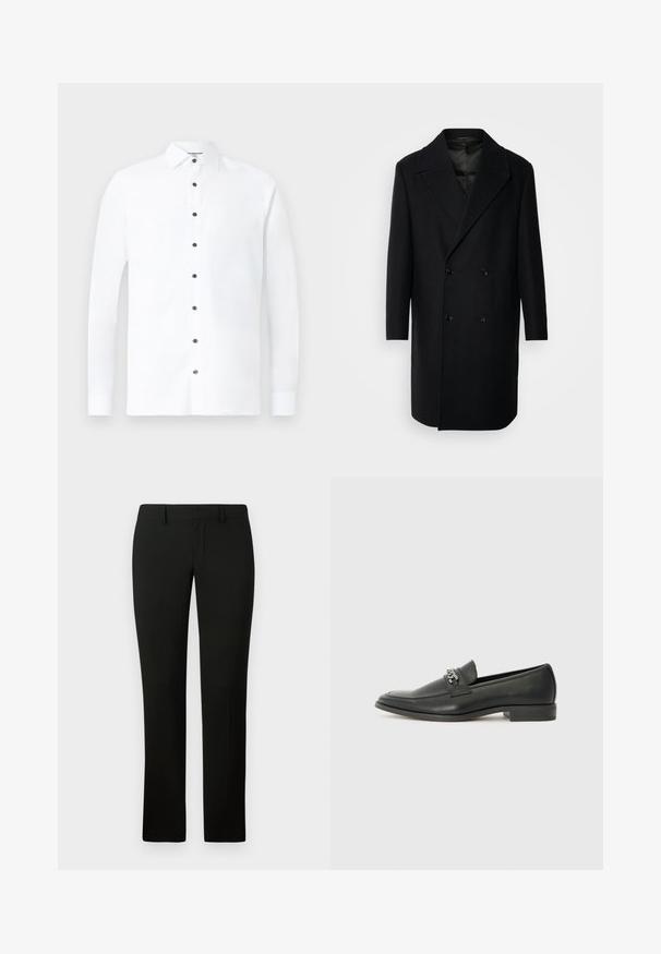 Isaac Dewhirst OVERSIZED COAT - Klassischer Mantel - black; Weißes Langarmhemd aus Baumwolle mit klassischem Kragen, schwarzem Knopfverschluss und geknöpften Manschetten. Glatte Textur mit minimalistischem Design.; Schwarze Hosen mit taillierter Passform, die eine glatte Textur und einen geraden Beinanschnitt aufweisen. Der Bund hat Gürtelschlaufen und eine saubere Verarbeitung.; Schwarzer Lederloafer mit glatter Oberfläche, ausgestattet mit einer gesteppten Gestaltung und einem dekorativen Metallkettendetail über dem Vorderblatt. Flacher Absatz.