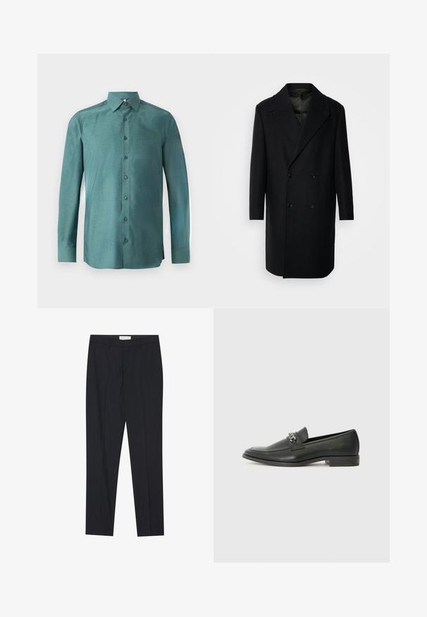 Isaac Dewhirst OVERSIZED COAT - Mantel - black; Lange mouwenshirt in teal stof met een gestructureerde weving, knoopsluiting aan de voorkant, puntige kraag en bijpassende knopen. Licht getailleerd ontwerp.; Zwarte op maat gemaakte broeken met een vlakke voorkant, reguliere pasvorm, gemaakt van een gladde stof, met persplooien en zijzakken.; Zwarte leren instapper met een gladde afwerking, voorzien van een gestikt ontwerp en een decoratieve metalen kettingaccent over de wreef. Platte hak.