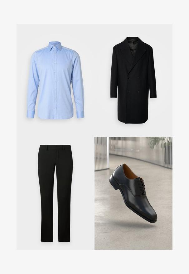 Isaac Dewhirst OVERSIZED COAT - Mantel - black; Lichtblauwe overhemd met knopen in een gladde stof, met een klassieke kraag, lange mouwen en vijf knopen aan de voorkant met bijpassende manchetten.; Zwarte broek met een getailleerde pasvorm, met een gladde textuur en een rechte pijpdesign. De tailleband heeft riemlussen en een nette afwerking.; Zwarte leren dresschoenen met een gladde afwerking, spitse neus en vetersluiting. Kenmerkt zich door een subtiele stiksels langs de zool.