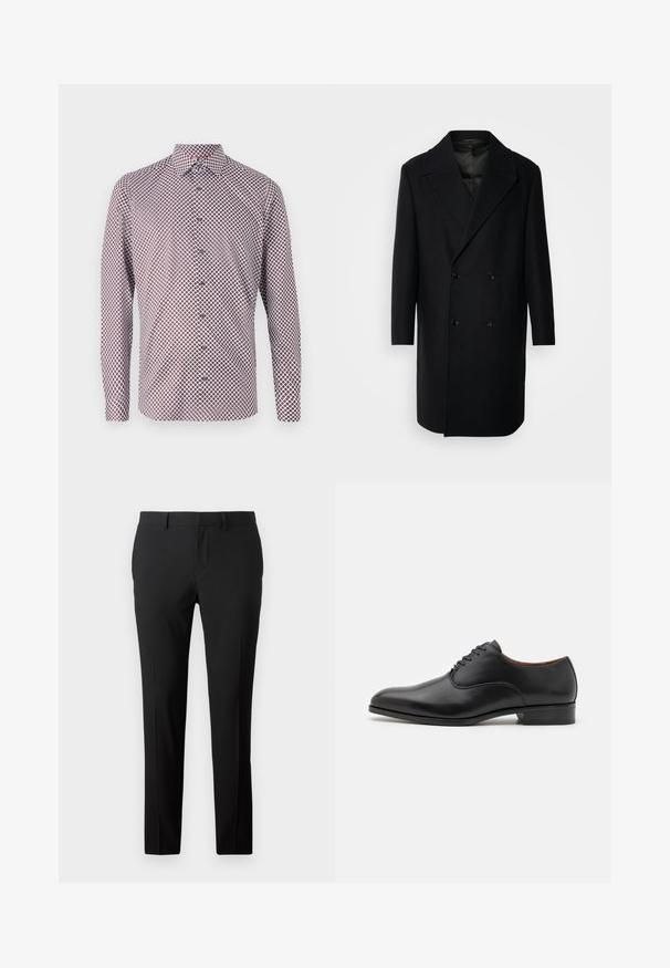 Isaac Dewhirst OVERSIZED COAT - Klassisk kåpe / frakk - black; Langermet skjorte i hvit med rød og marineblå geometrisk mønster. Har krage, mansjetter og rett snitt.; Skreddersydde svarte bukser i et glatt stoff. Har rette ben, frontplisser og beltestropper for justerbar størrelse.; Sorte skinn sko med glatt overflate, spiss tå og seks snøringshull, med lav hæl og subtile sømdetaljer.