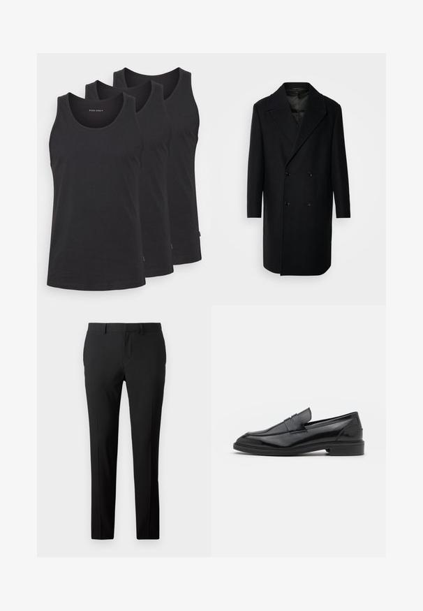 Isaac Dewhirst OVERSIZED COAT - Klassisk frakke - black; Sorte bomulds tanktops i et sæt af tre. Har en rund halsudskæring, ærmeløst design og en lige kant. Glat tekstur, minimal mærkning.; Skræddersyede sorte bukser i et glat stof. Har et lige ben-design, frontfald og bæltestropper til justerbar størrelse.; Sorte læder loafers med en glat overflade, der har en rund tå og en smal bånd over det øverste. Lav stablet hæl.