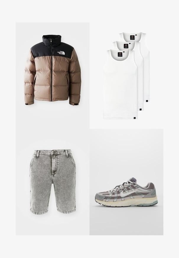 Puhasta jakna s črnim zgornjim delom in svetlo rjavim spodnjim delom, z zadrgo spredaj, stranskimi žepi in logotipom na prsih.; Tri bele rebraste majice brez rokavov iz bombaža. Imajo okroglo izreza in majhne črne etikete blizu roba. Na voljo v več velikostih.; Sivi denim kratke hlače klasičnega kroja, z petimi žepi, zankami za pas in zbledelim pranjem; brez opaznega obraba ali vzorcev.; Sive športne čevlje z zgornjim delom iz mrežastega in semiš materiala, belimi akcenti, oblazinjenim podplatom ter edinstvenim dizajnom z odsevnimi elementi.