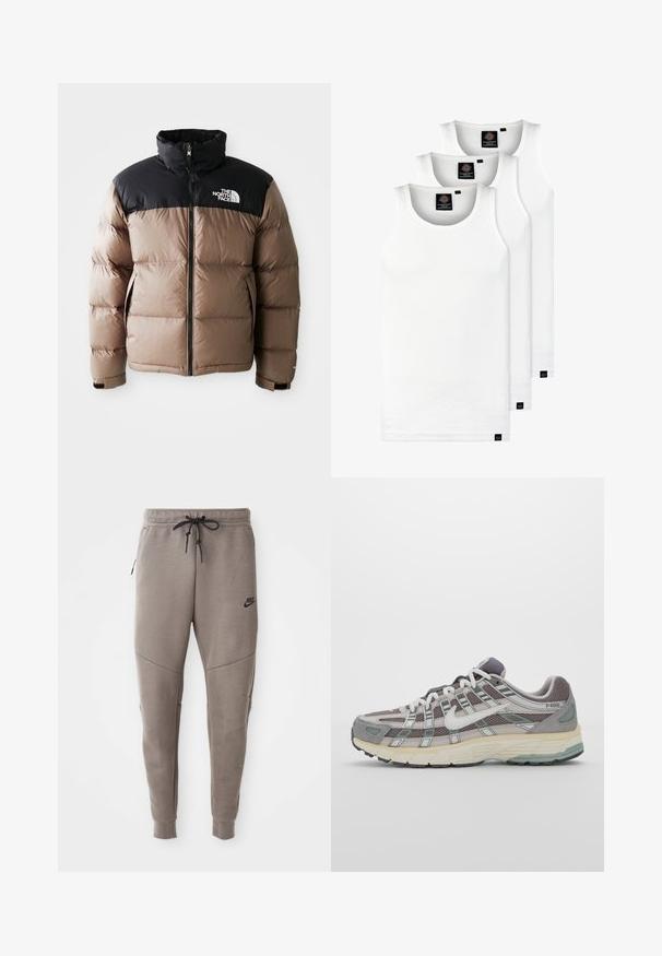 Casaco puffer com uma parte superior preta e uma parte inferior castanha clara, apresentando um fecho frontal, bolsos laterais e um logótipo no peito.; Três tops em algodão de alças brancas com nervuras. Apresentam um decote redondo e pequenas etiquetas pretas perto da bainha. Disponíveis em vários tamanhos.; Calças de treino cinzentas da Nike com um cós elástico ajustável, pernas ajustadas, bolsos laterais e pormenores de costura distintos. Tecido suave e texturizado.; Sapatilha atlética cinza com parte superior em malha e camurça, detalhes brancos, sola acolchoada e um design distinto com elementos refletivos.