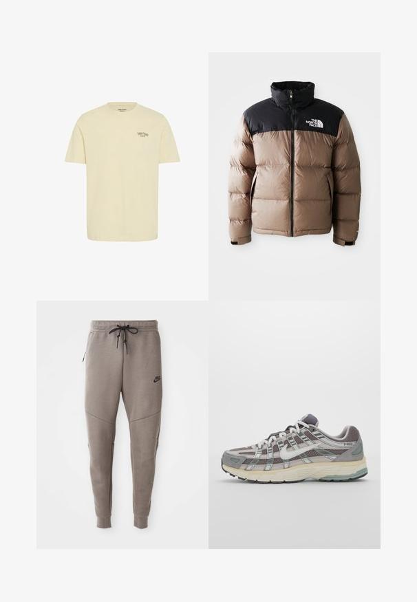 Pufjakke med en sort overdel og lys brun nederdel, udstyret med lynlås foran, sidelommer og et logo på brystet.; Cremefarvet bomulds t-shirt med korte ærmer. Har teksten "Danish Foodie Club" på venstre bryst. Normal pasform og glat tekstur.; Grå Nike joggingbukser med snoretræk i taljen, tapered ben, sidelommer og markante sømdetaljer. Blødt, struktureret stof.; Grå sportssko med overdel i mesh og ruskind, hvide accenter, en polstret sål og et særpræget design med reflekterende elementer.