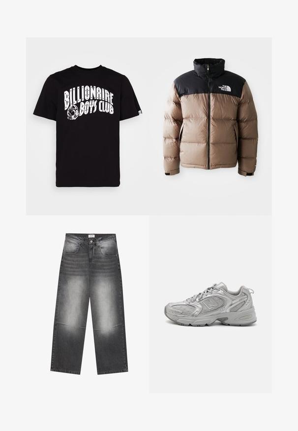 Pufinė striukė su juodu viršutiniu skyriumi ir šviesiai rudais apačiais, turinti priekinį užtrauktuką, šonines kišenes ir logotipą ant krūtinės.; Billionaire Boys Club ARCH LOGO - Marškinėliai su spaudiniu - black; Plati juodi džinsai su blukusia pilka apdaila, su priekinėmis kišenėmis, mygtuko užsegimu ir lengvu pabraižymu ant kelių.; Sidabriniai sportiniai bateliai su šiuolaikiniu dizainu, tinklelio panelėmis, paminkštinta liežuvėliu, tekstūruotu sintetiniu viršumi ir guminiais padu, užtikrinančiais sukibimą.