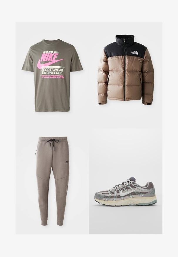 Pufinė striukė su juodu viršutiniu skyriumi ir šviesiai rudais apačiais, turinti priekinį užtrauktuką, šonines kišenes ir logotipą ant krūtinės.; Pilkos medvilnės marškinėliai su išsiskiriančia rožine Nike ženklų ir balta tekstu. Trumpomis rankovėmis ir apvaliu iškirpimu.; Pilkos Nike kelnės su raišteliu liemenyje, siaurėjančiomis kojomis, šoninėmis kišenėmis ir išskirtiniais siūlų detalėmis. Minkšta, tekstūruota medžiaga.; Pilkas sportinis batas su tinklu ir zomšos viršutine dalimi, baltomis detalėmis, paminkštintu padu ir išskirtiniu dizainu su atspindinčiais elementais.
