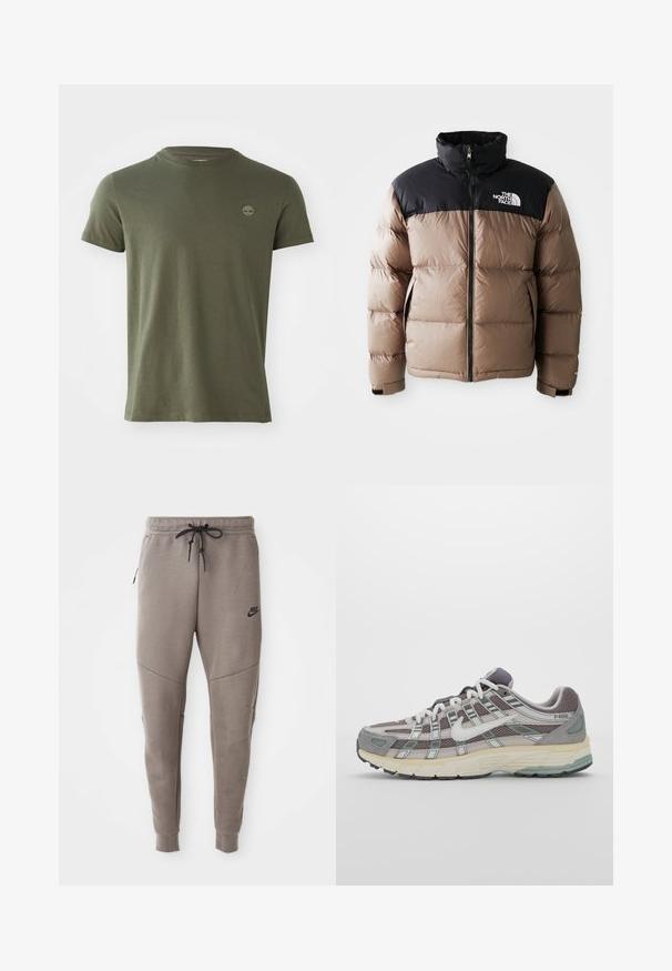 Casaco puffer com uma parte superior preta e uma parte inferior castanha clara, apresentando um fecho frontal, bolsos laterais e um logótipo no peito.; T-shirt de algodão verde-oliva com decote redondo, mangas curtas e um pequeno logótipo bordado no peito. Textura suave, corte clássico.; Calças de treino cinzentas da Nike com um cós elástico ajustável, pernas ajustadas, bolsos laterais e pormenores de costura distintos. Tecido suave e texturizado.; Sapatilha atlética cinza com parte superior em malha e camurça, detalhes brancos, sola acolchoada e um design distinto com elementos refletivos.