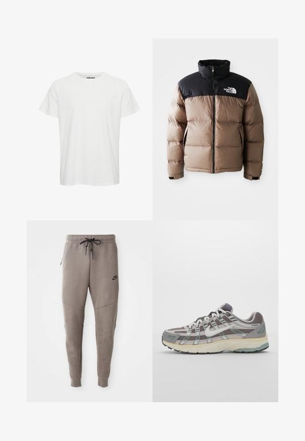 Puffer jacket with a black upper section and light brown lower part, featuring a front zipper, side pockets, and a logo on the chest.; White cotton t-shirt with short sleeves, crew neck, and a subtle logo on the chest. Smooth texture with a classic fit.; Gray Nike sweatpants with a drawstring waistband, tapered legs, side pockets, and distinct seam detailing. Soft, textured fabric.; Gray athletic shoe featuring a mesh and suede upper, white accents, a cushioned sole, and a distinctive design with reflective elements.