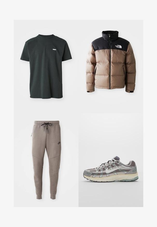 Pufinė striukė su juodu viršutiniu skyriumi ir šviesiai rudais apačiais, turinti priekinį užtrauktuką, šonines kišenes ir logotipą ant krūtinės.; Juodas medvilnės marškinėliai trumpomis rankovėmis, su gipiūru apykakle ir mažu baltu "OBEY" logotipu krūtinėje. Tiesus apatinis kraštas su šoninėmis įpjovomis.; Pilkos Nike kelnės su raišteliu liemenyje, siaurėjančiomis kojomis, šoninėmis kišenėmis ir išskirtiniais siūlų detalėmis. Minkšta, tekstūruota medžiaga.; Pilkas sportinis batas su tinklu ir zomšos viršutine dalimi, baltomis detalėmis, paminkštintu padu ir išskirtiniu dizainu su atspindinčiais elementais.