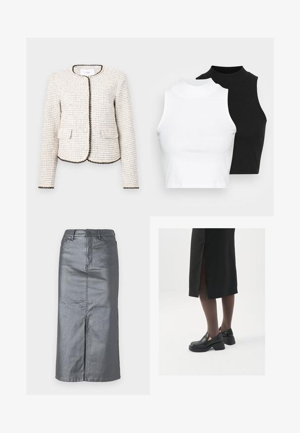Jachetă albă texturată cu un model țesut, având margini negre pe laterale și două buzunare frontale. Decolteu rotund, mâneci lungi.; Două bluze fără mâneci, cu guler înalt, în culorile negru și alb, având un design ajustat și o textură netedă, cu o lungime scurtă.; Fustă din denim gri metalic cu o formă dreaptă, despicătură frontală, design cu cinci buzunare și închidere cu nasture la talie. Se observă cusături plate.; Pantofi din piele neagră cu vârful rotund, toc bloc gros și accente elastice pe lateral, asortați cu colanți închiși la culoare și o fustă neagră cu o fanta.
