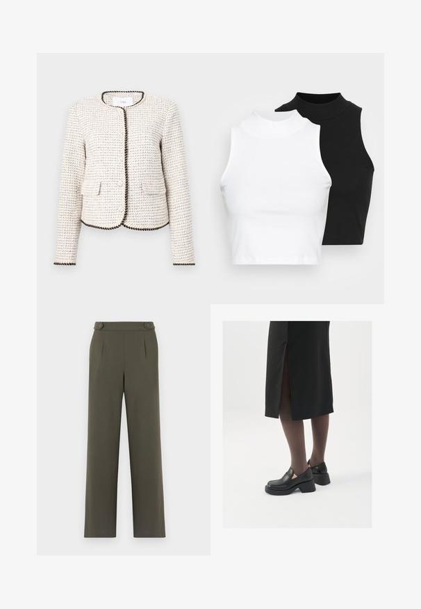 Hvit strukturell jakke med vevd mønster, med svart kant langs kantene og to frontlommer. Rund hals, lange ermer.; To sleeveless ribbestrikkede turtleneck topper i svart og hvitt, med en tettsittende design og glatt tekstur, med kort lengde.; Olivenfargede bukser med rett ben-design, som har to knapper i midjen og frontfolder for ekstra detalj.; Sorte lærersko med rund tå, tykk blokkheel og elastiske sideaksenter, sammen med mørke strømpebukser og et svart skjørt med splitt.