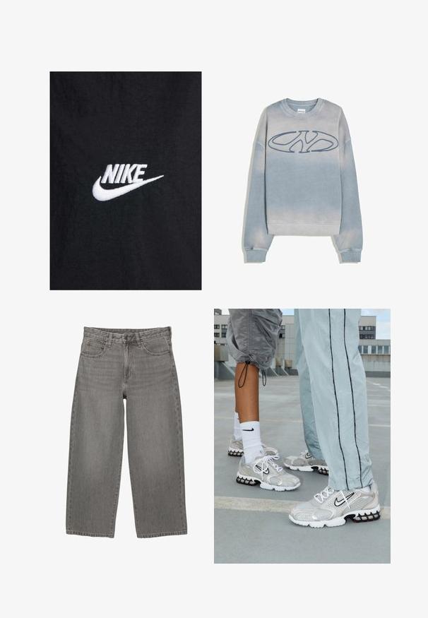 Czarna bawełniana koszulka z białym haftowanym logo Nike, z klasycznym okrągłym dekoltem i krótkimi rękawami. Gładka faktura.; Jasnoniebieski, wyblakły sweatshirt z żebrowanymi mankietami i dole, z dużym stylizowanym logo "NY" wyszytym na piersi.; Długi rękaw t-shirt w jasnym zielonym kolorze z bawełny, z okrągłym dekoltem, z małym pomarańczowym i brązowym logo na lewej klatce piersiowej.; Szare dżinsowe spodnie o szerokich nogawkach, z przodem zapinanym na guzik i zamek błyskawiczny, z szlufkami na pasek i pięcioma kieszeniami.; Buty sportowe Nike w srebrnej siateczce, z białymi sznurowadłami, czarnym logo swoosh oraz czarną i czerwoną podeszwą z poduszką powietrzną.
