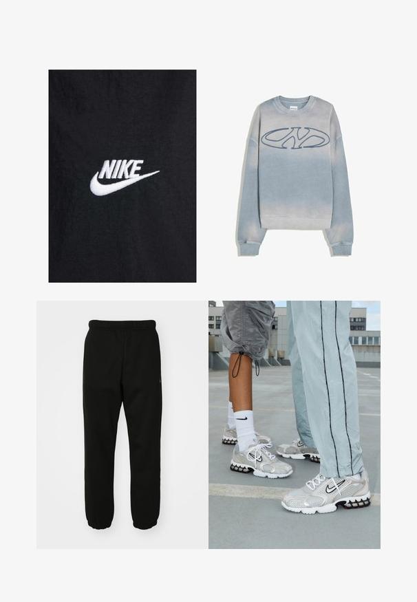 Fekete pamut póló, fehér hímzett Nike logóval, klasszikus kerek nyakkal és rövid ujjakkal. Sima textúra.; Világoskék, megfakult kapucnis pulóver, bordázott mandzsettákkal és aljjal, az elején egy nagy, stilizált "NY" logóval hímezve.; Hosszú ujjú világoszöld pamut póló kerek nyakkal, egy kicsi narancs és barna logóval a bal mellkas részen.; Fekete melegítőnadrág puha anyagból, rugalmas derékkal, gumis bokákkal és egy kis logóval az oldalon.; Nike sportcipő ezüst hálós anyagból, fehér fűzőkkel, fekete swoosh logóval és fekete-piros légpárnás talppal.